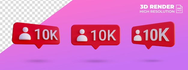 I social media 10k seguono la notifica dell'icona 3d rendono isolato