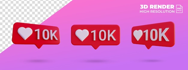 Social media 10k like love icon notification 3d render isolated