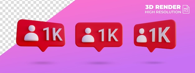 Social media 1k follow icon notification 3d render isolated