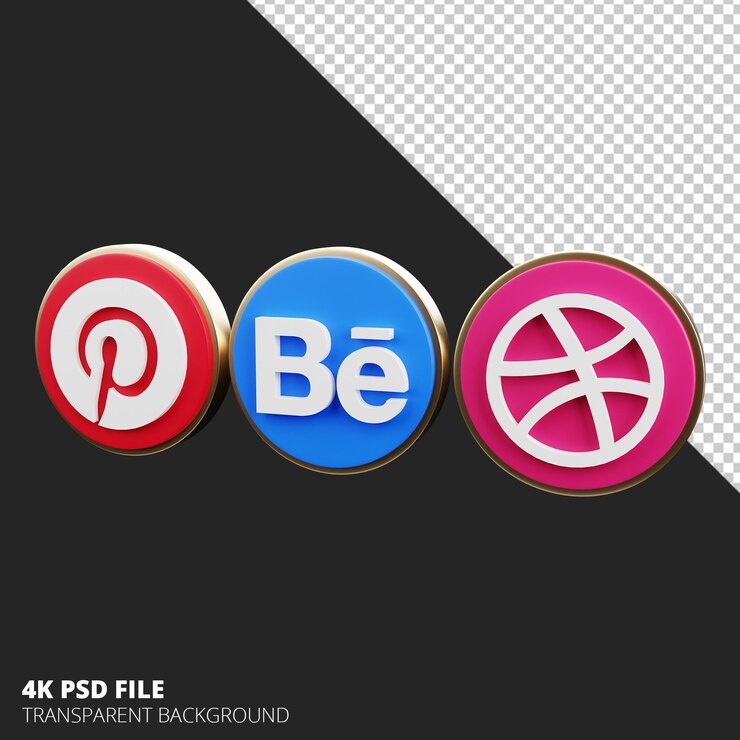 Пакет 3d иконок социальных сетей Pinterest Behance dribbble