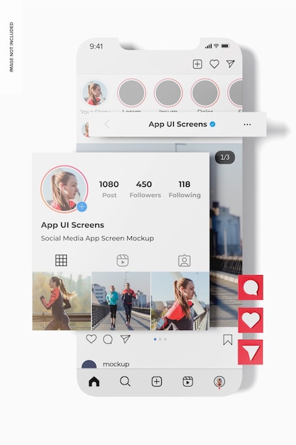 PSD social media app screen mockup, top view