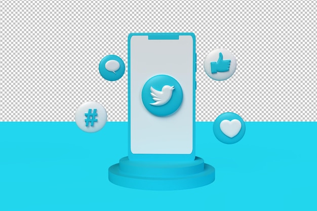 Social media background with twitter icon, hearth icon, hastag icon, and with phone, 3D render