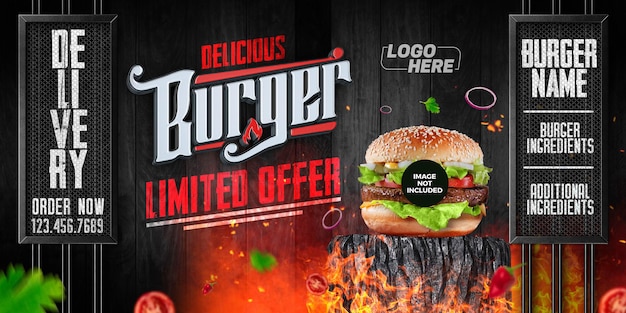 PSD social media banner delicious burger limited delivery order now