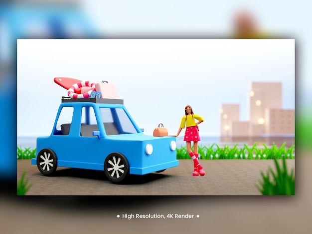 Social media banner design con 3d turismo moderno lady in piedi vicino a taxi ed elementi di viaggio per la pubblicità