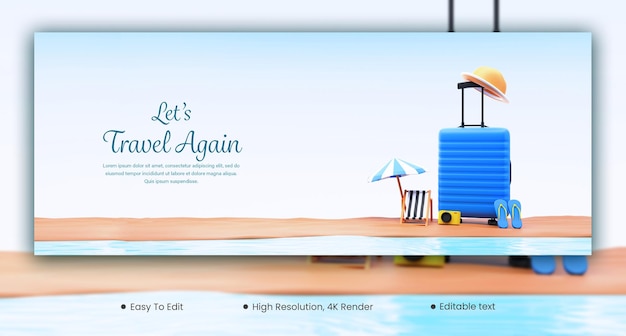 PSD social media banner or header design with 3d render of travel elements for advertising