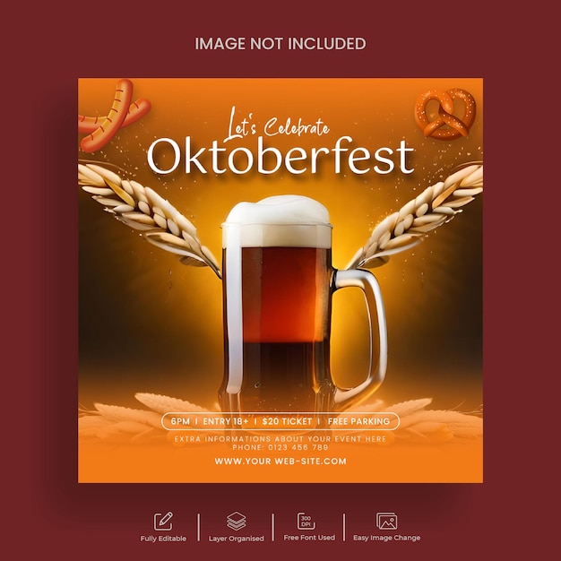 オクトーバーフェスト (Oktoberfest) とビールフェスティバル (Beer Festival) のためのソーシャルメディアのバナーインスタグラムポストテンプレート