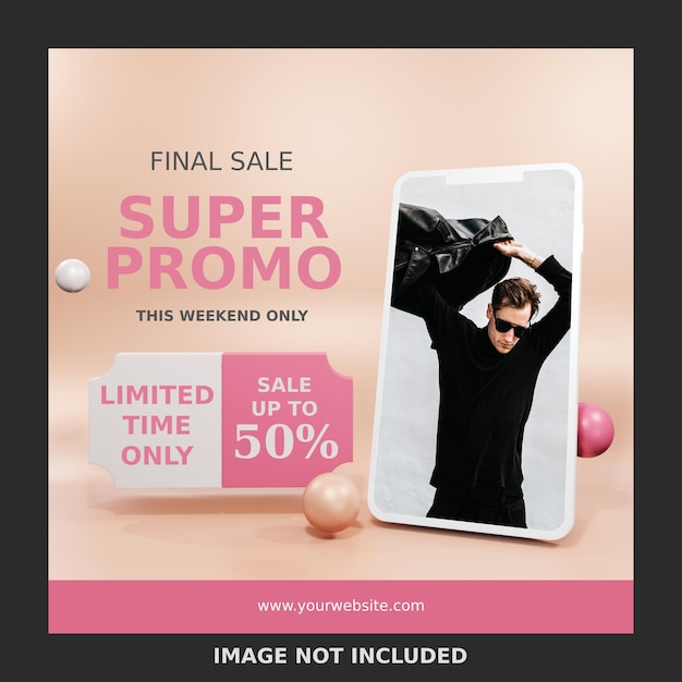 PSD promo banner social media con mockup di smartphone realistico 3d