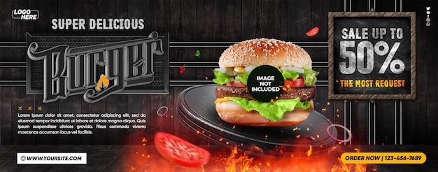 Social media banner super delicious burger with up to 50 off