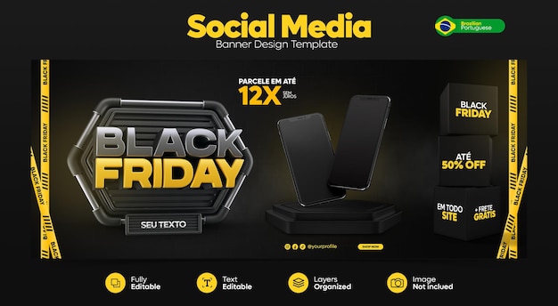 PSD modello banner per social media offerta black friday in portoghese brasiliano