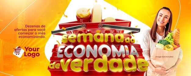 Social media banner voor supermarkt met real economy week 3d stempel