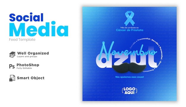 PSD i social media per la campagna blu di novembre nel rendering 3d in portoghese brasiliano