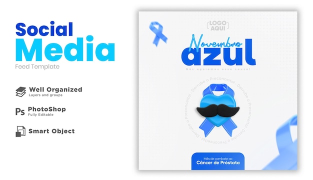 PSD social media for blue november campaign in 3d render in brazilian portuguese