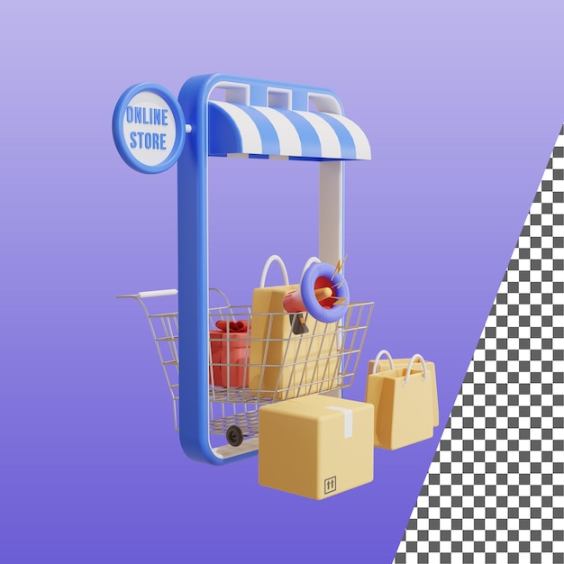 social media digital marketing concept. phone, cart, box, bags. 3d rendering