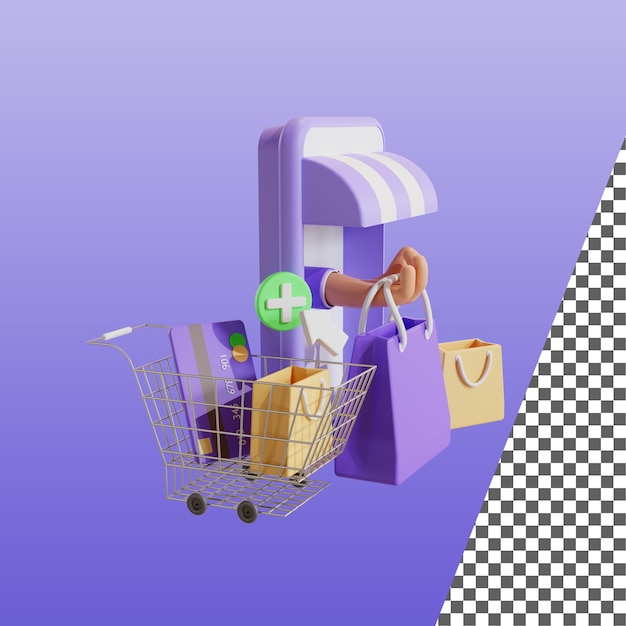 social media digital marketing concept. phone, cart, box, bags. 3d rendering