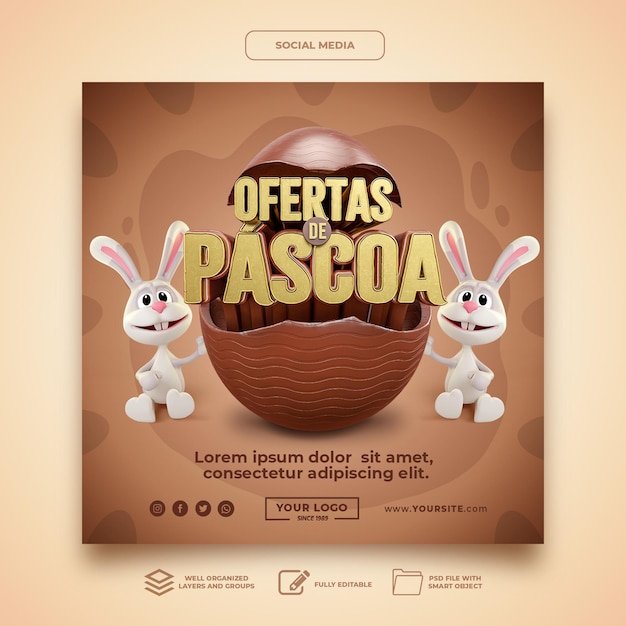 PSD social media offerte di pasqua in brasile rendering 3d modello di uovo di coniglio