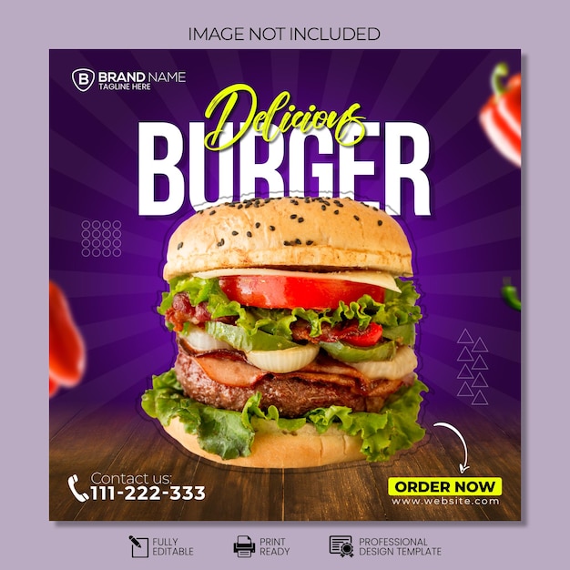 Social media fast food burger post template design editable minimal square banner template