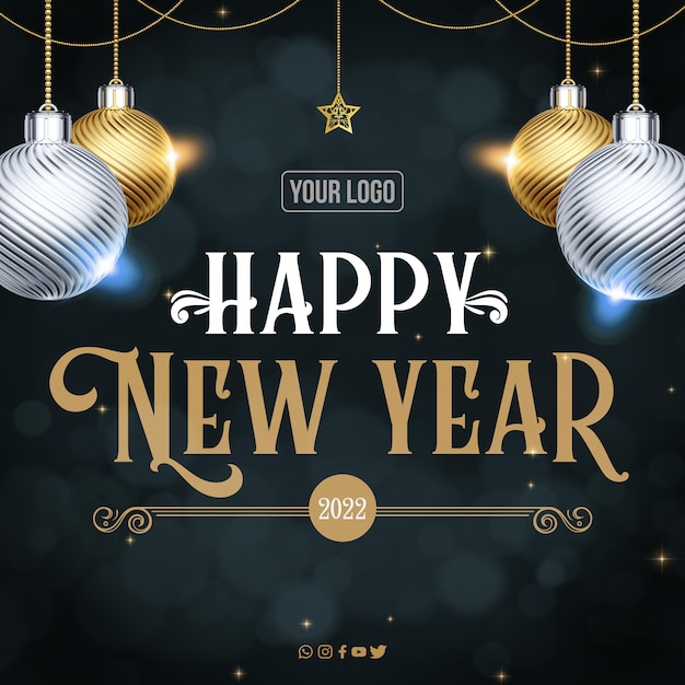 PSD social media feed instagram gelukkig nieuwjaar 2022 op donkere achtergrond