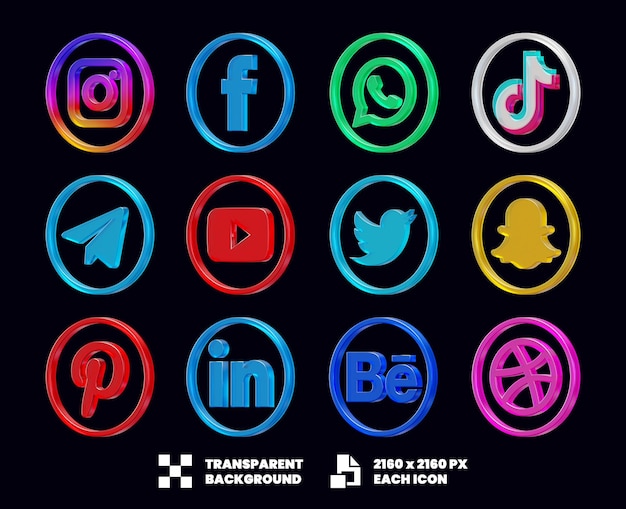 PSD social media glass icon collection 3d