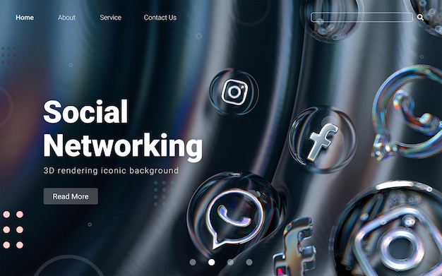 PSD icona dei social media all'interno di forme di vetro a bolle su sfondo scuro colorato astratto 3d render