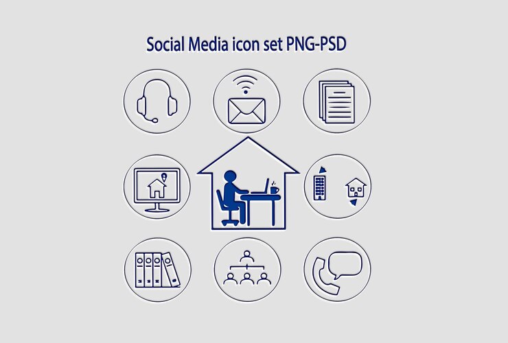 PSD 소셜 미디어 아이콘 세트 work from home and online communication 검은색