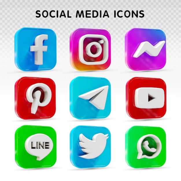 Social media iconen 3D set met facebook, instagram, twitter, tiktok, youtube logo's