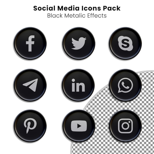 Social media icons pack black metalic effects