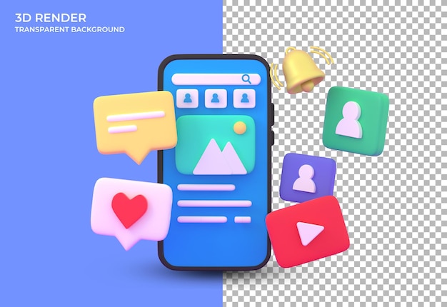 PSD social media icone con uno smartphone rendering 3d