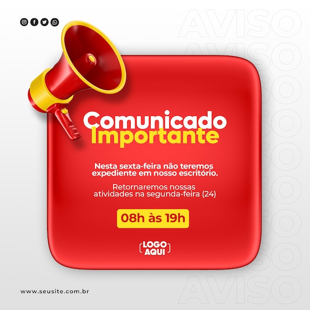 Social media important announcement with megaphone icon 3d render in brazilian portuguese