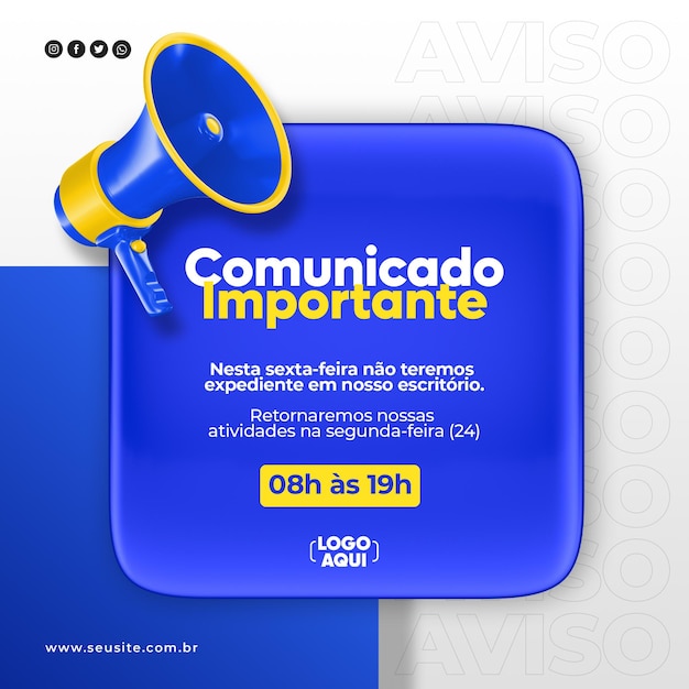 Social media important announcement with megaphone icon 3d render in brazilian portuguese