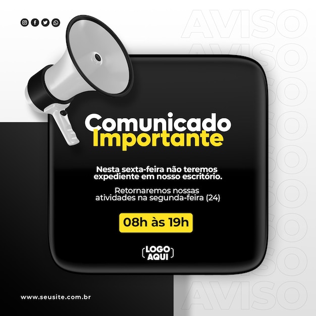 PSD social media important announcement with megaphone icon 3d render in brazilian portuguese