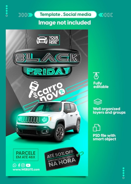 Social media instagram-sjabloon in het portugees black friday biedt auto voor verkoop en productpromotie