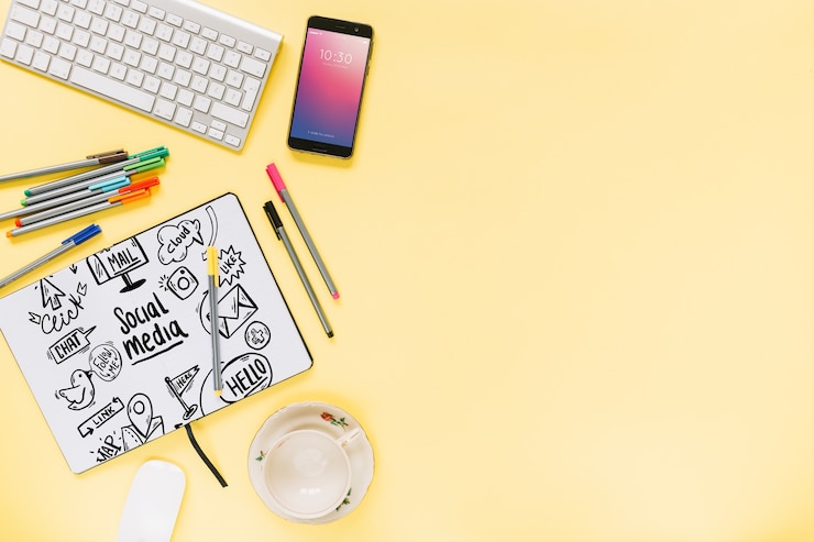 PSD social media and internet mockup with booklet or cover