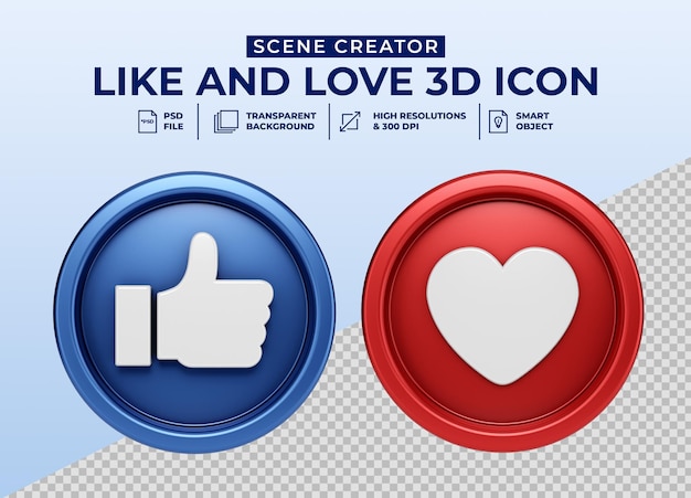 PSD social media mi piace e ama l'icona del pulsante 3d minimalista per il creatore di scene