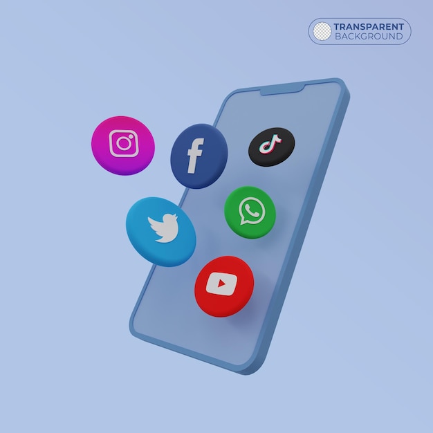 PSD logo dei social media che galleggia su un telefono blu in rendering 3d