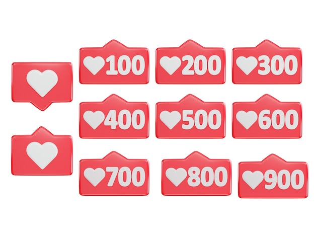 PSD social media love react icon 3d rendering vector illustration set