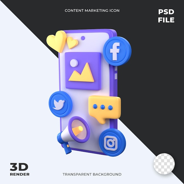 Illustrazione dell'icona 3d di social media marketing perfetta per l'interfaccia utente di marketing dei contenuti