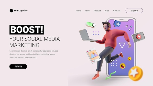 PSD social media marketing bestemmingspagina met 3d-stripfiguur voor digitale netwerkillustratie