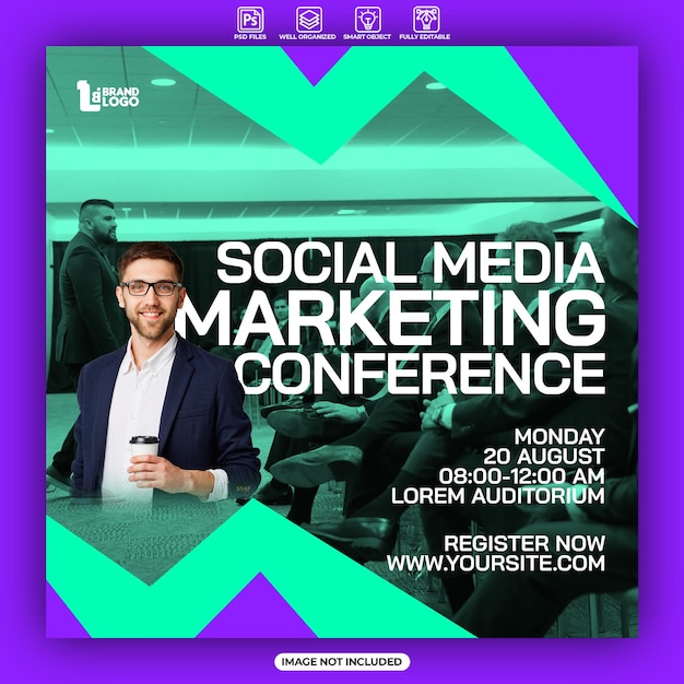 PSD modello di post sui social media per conferenza di marketing sui social media