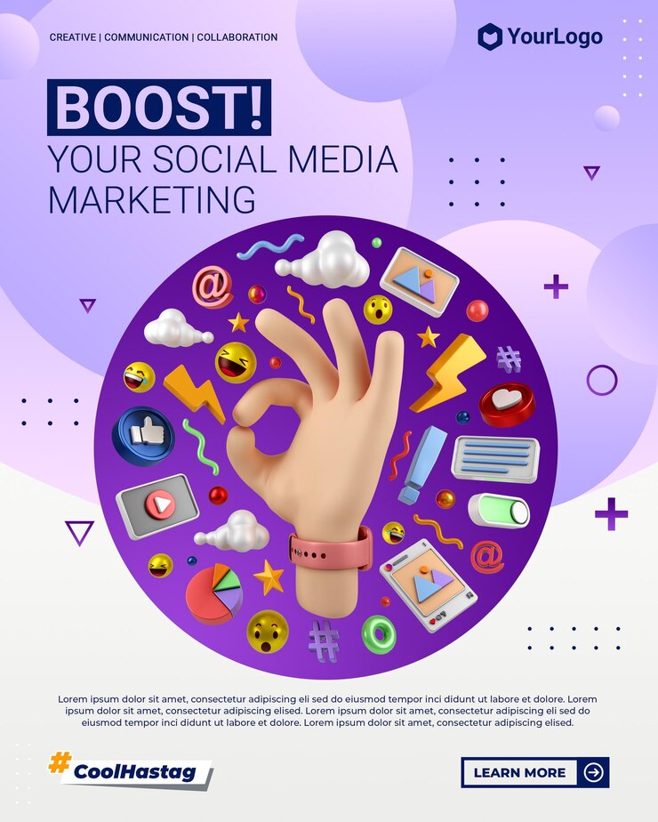 Social media marketing instagram portret post met 3D cartoon illustratie hand render sjabloon