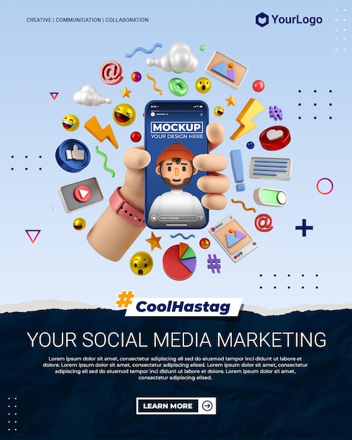 Social media marketing instagram portret post met 3D cartoon illustratie hand render sjabloon