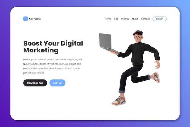 Целевая страница маркетинга в социальных сетях или веб-дизайн с трехмерной иллюстрацией мужского персонажа