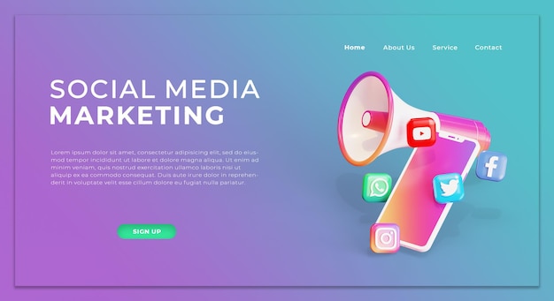 PSD social media marketing landing page template with 3d megaphone and icons