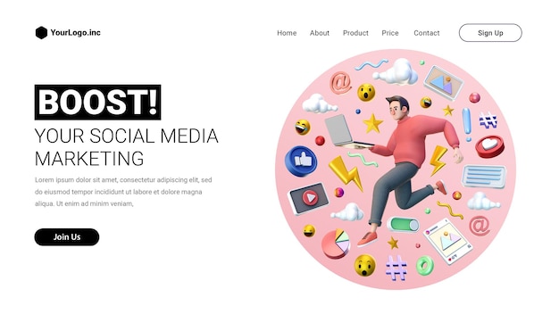 PSD social media marketing landing page with 3d cartoon character for digital networking illustration