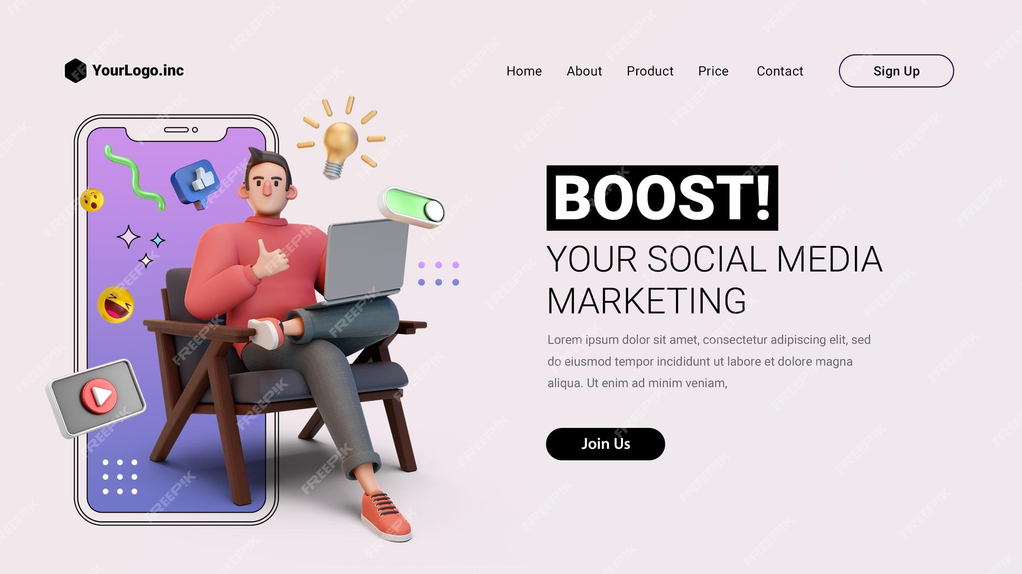 Premium PSD | Social media marketing landing page with 3d cartoon character for digital networking illustration Premium PSD | Social media marketing landing page with 3d cartoon character for digital networking illustration