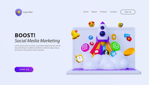 PSD social media marketing landing page with 3d cartoon illustration rocket