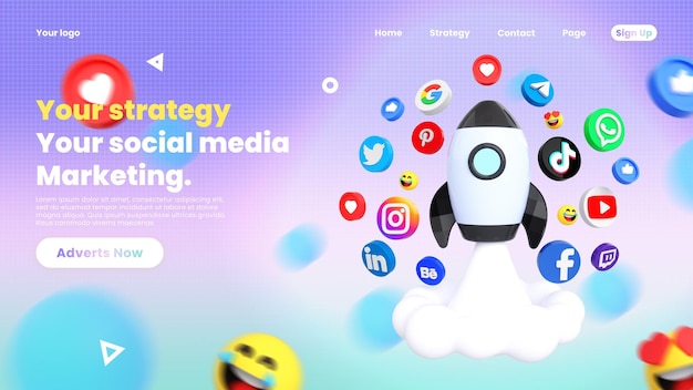 Social media marketing landing page with social networking logos and icon around 3d rocket