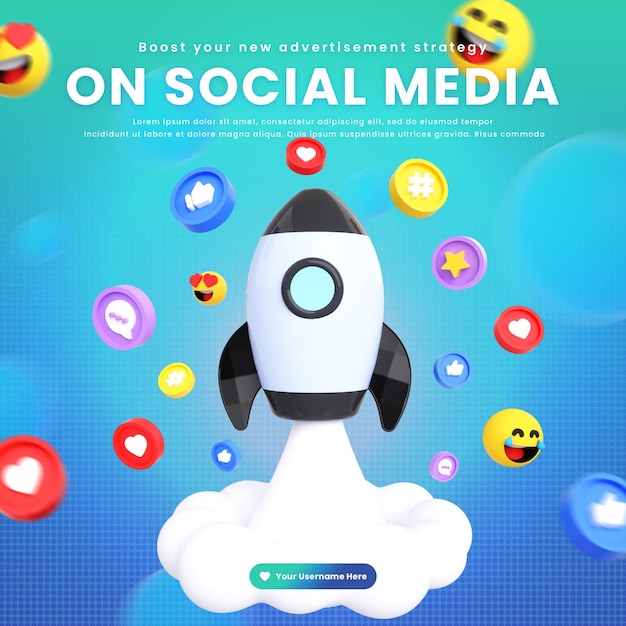 PSD social media marketing post template with social networking logos and icon around 3d rocket