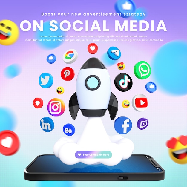 PSD social media marketing post template with social networking logos and icon around 3d rocket