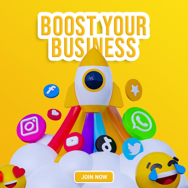 PSD social media marketing template with 3d cartoon illustration rocket