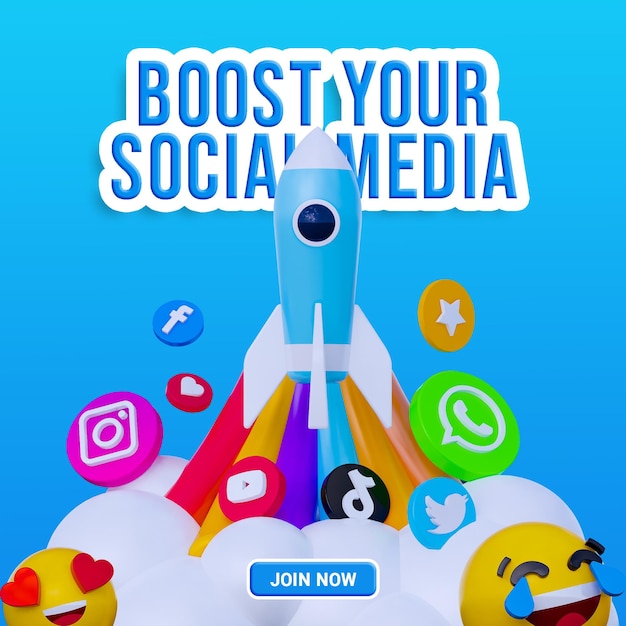 PSD social media marketing template with 3d cartoon illustration rocket